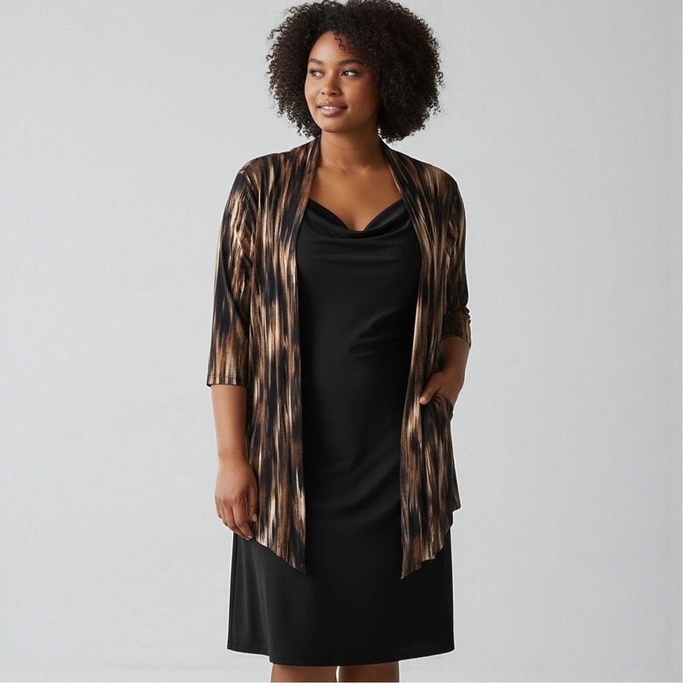 Dressbarn Women's Black Cowl Neck Sheath dress Abstract Print Open Front size 18